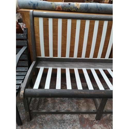 452 - A blue and grey painted wooden slatted garden bench - approx. 98cm high x 145cm wide x 53cm deep