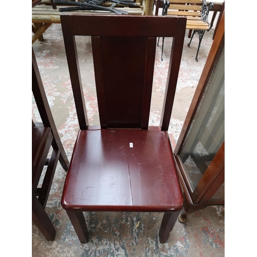 457 - Ten pieces of furniture comprising four pine dining chairs, four red lacquered dining chairs, one wa... 