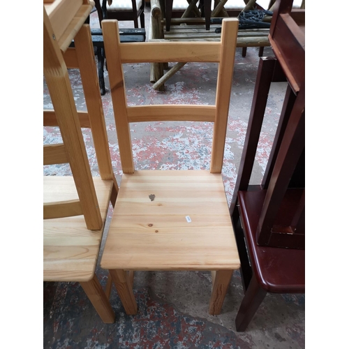 457 - Ten pieces of furniture comprising four pine dining chairs, four red lacquered dining chairs, one wa... 