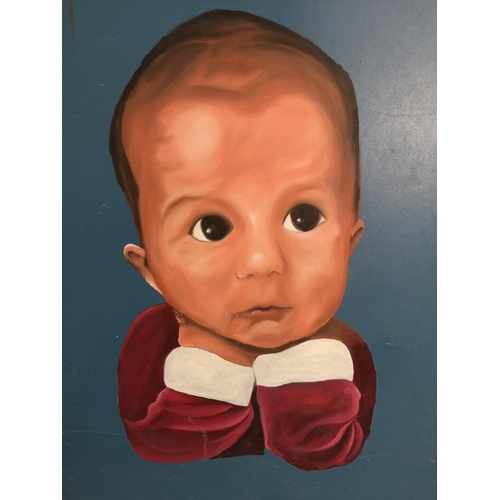 462A - Two modern portraits on board, one oil on board of a baby approx. 115.5cm high x 77.5cm wide and one... 