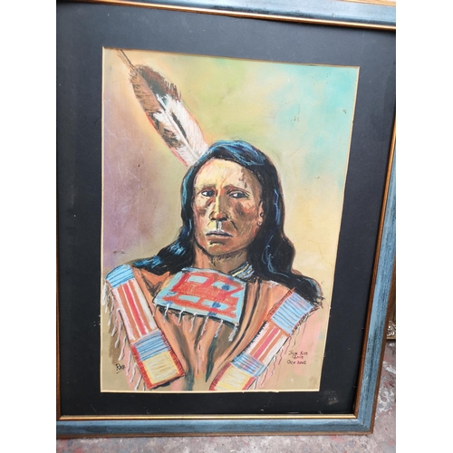 465 - A large collection of assorted artwork to include chalk portrait of a Native American signed and dat... 