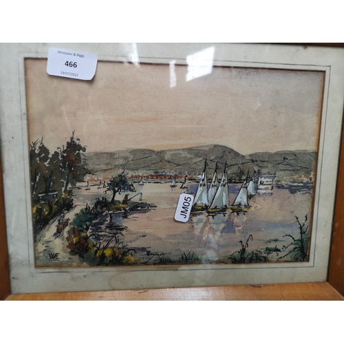 466 - Eleven various pictures to include 1960's framed watercolour of a lake by W. Fielding, 1970's waterc... 