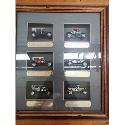 467 - Eight various framed pictures to include six piece display of classic model cars etc.