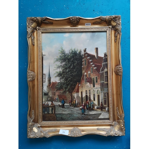 473 - A gilt framed oil on board of a European town scene signed to lower left - approx. 51cm high x 41cm ... 