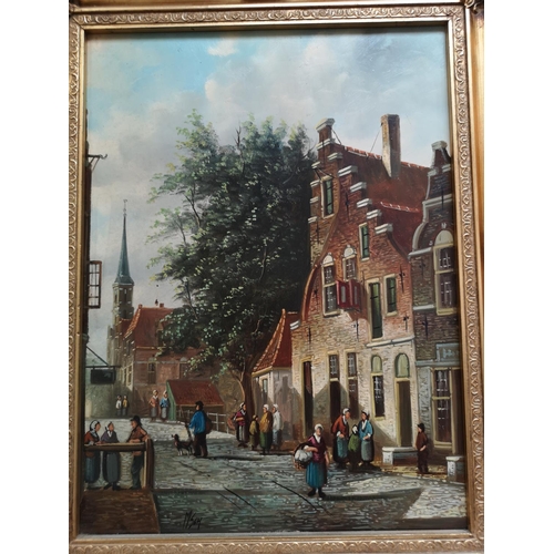 473 - A gilt framed oil on board of a European town scene signed to lower left - approx. 51cm high x 41cm ... 