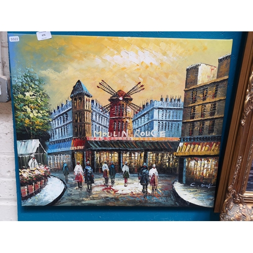 474 - An unframed oil on canvas of a Parisian Scene featuring Moulin Rouge signed to lower right - approx.... 