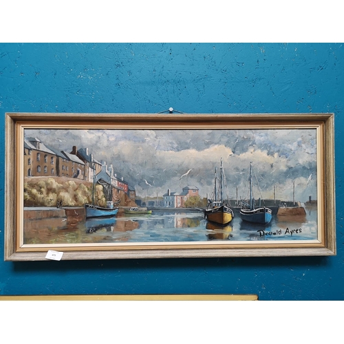 475 - A framed Donald Ayres harbour scene oil on board - approx. 81.5cm wide x 36cm high