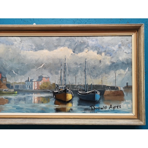 475 - A framed Donald Ayres harbour scene oil on board - approx. 81.5cm wide x 36cm high