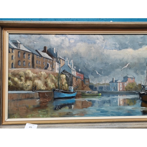 475 - A framed Donald Ayres harbour scene oil on board - approx. 81.5cm wide x 36cm high