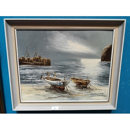 481 - A framed oil on canvas of a harbour scene signed lower right - approx. 57cm wide x 47cm high