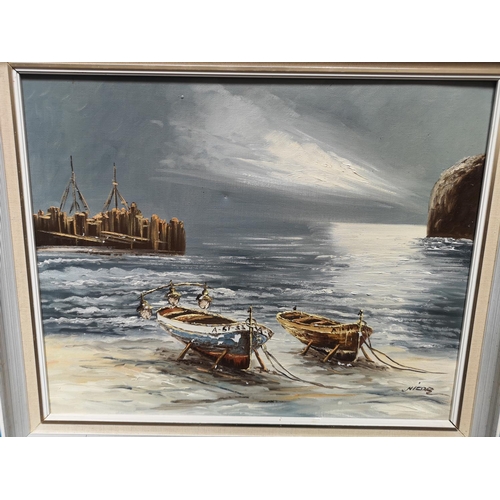 481 - A framed oil on canvas of a harbour scene signed lower right - approx. 57cm wide x 47cm high