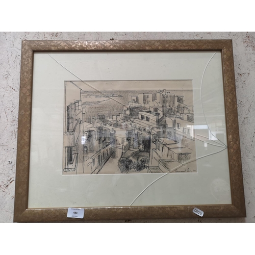 483 - A framed 1968 Emmanuel Levy pen and charcoal sketch of a town scene - approx. 55cm wide x 45cm high