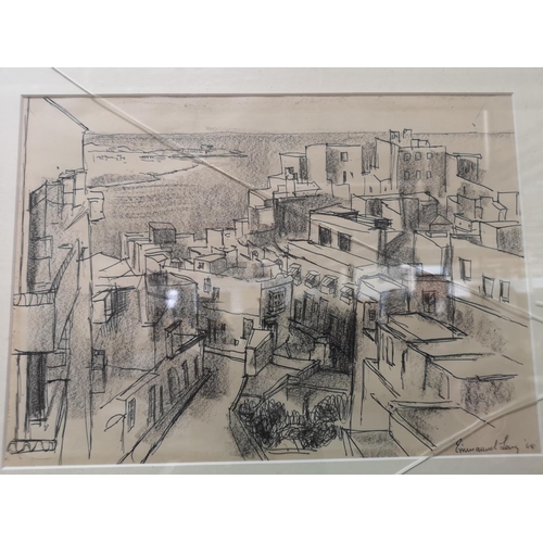 483 - A framed 1968 Emmanuel Levy pen and charcoal sketch of a town scene - approx. 55cm wide x 45cm high