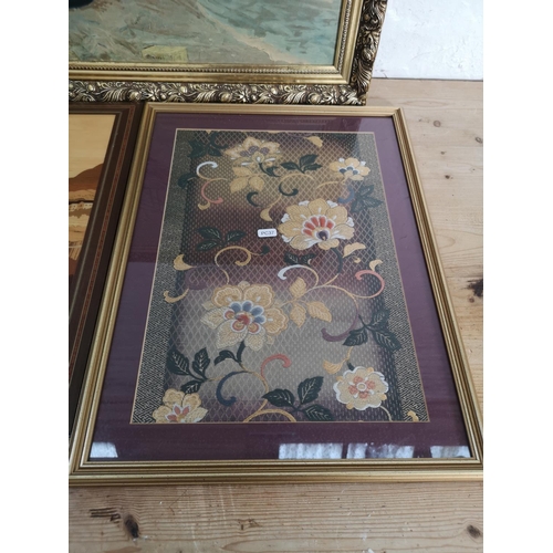 505 - Three various pictures, one framed floral embroidery - approx. 57cm high x 43cm wide, one Sorrento i... 