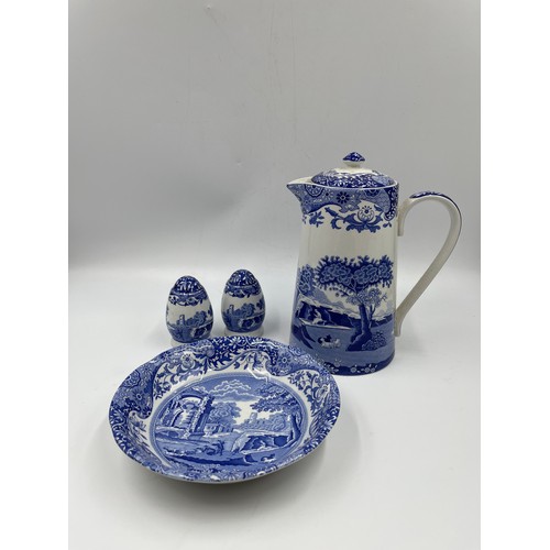7 - Four pieces of Spode Italian china, two salt and pepper shakers, one 16cm circular bowl and one 19cm... 