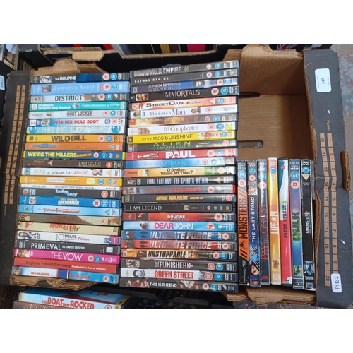 547 - Six boxes containing a very large collection of DVDs to include Paul, Alien Resurrection, Wild Bill,... 