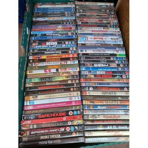 555 - Five boxes containing a large collection of DVDs to include Resistance, Donny Brasco, Wanted, True R... 