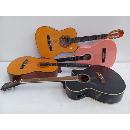 567 - Four guitars to include Ashton CG34PK ¾ size nylon strung (strung left handed), Eastwood steel strun... 