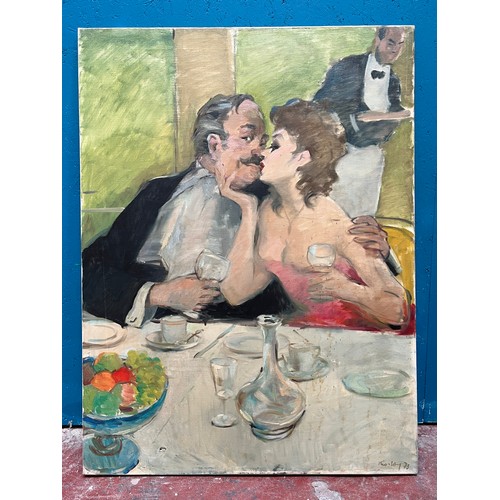 348 - A Charles Alfred Mozley (1914-1991) oil on canvas of a dining couple painted in a Post-Impressionist... 