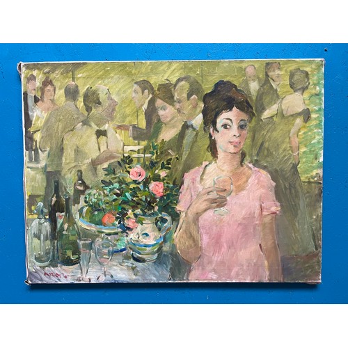 350 - A Charles Alfred Mozley (1914-1991) oil on canvas of a lady at a social event painted in a Post-Impr... 