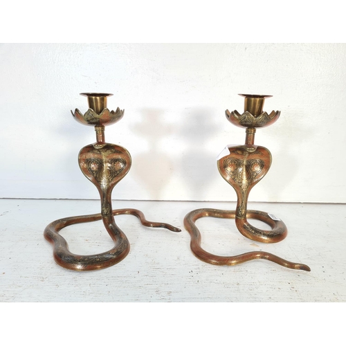 65 - A pair of late 20th century etched brass and enamel Cobra candlesticks - approx. 19.5cm high