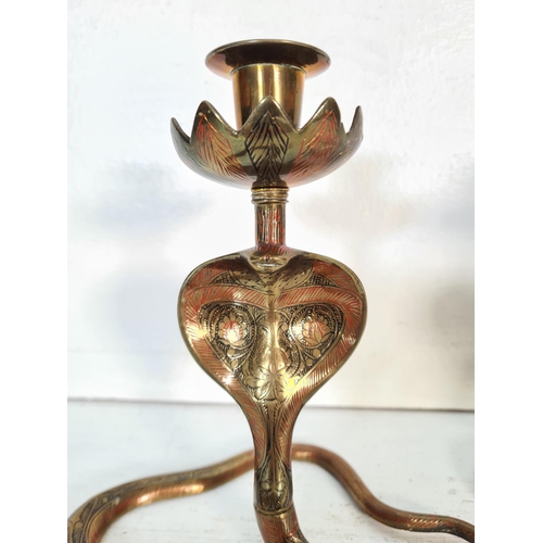 65 - A pair of late 20th century etched brass and enamel Cobra candlesticks - approx. 19.5cm high