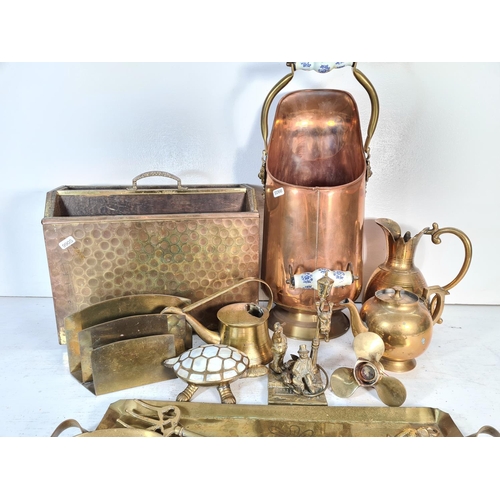 70 - A collection of brass and copper ware to include tortoise lidded trinket box with mother of pearl de... 