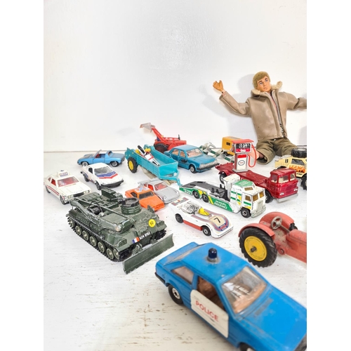 74A - A collection of assorted vintage diecast model vehicles and toys to include Action Man figurine with... 