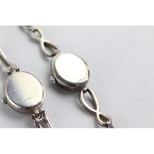 1083 - Two hallmarked sterling silver quartz women's wristwatches with mother of pearl dials, one Woodford ... 