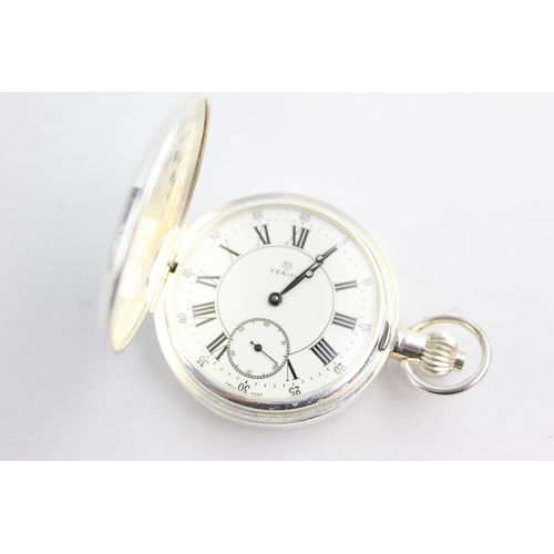 1085 - A boxed Verity .925 silver full hunter hand wind pocket watch with Swiss made 17 jewel movement - ap... 