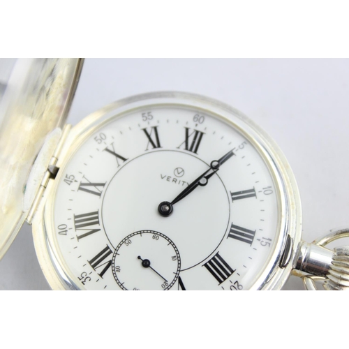 1085 - A boxed Verity .925 silver full hunter hand wind pocket watch with Swiss made 17 jewel movement - ap... 