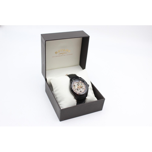 1101 - A boxed Rotary automatic skeleton men's wristwatch with original black leather strap