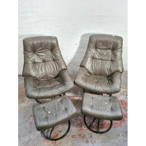 252A - Two Ekornes Stressless grey leather reclining swivel lounge chairs with matching stools - approx. 10... 