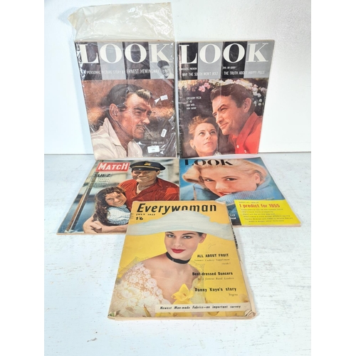 131 - Five 1950s fashion magazines, three Look, one Everywoman and one Paris Match