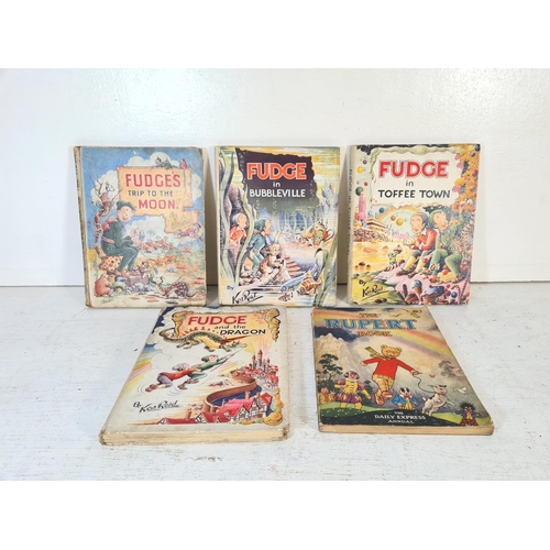 133 - Five mid 20th century books, one The Rupert book and four Fudge books by Ken Reid to include two sig... 