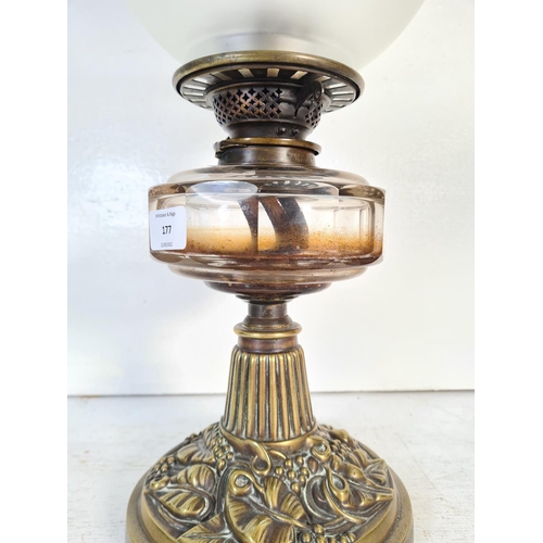 177 - A 19th century Hinks & Sons brass oil lamp with glass reservoir - approx. 54cm high