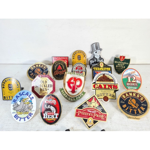 197 - A collection of assorted vintage beer pump clips to include Morland Old Speckled Hen, Eldridge Pope,... 