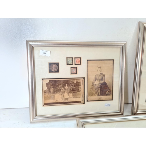 199 - A collection of framed Victorian ephemera to include photographs, stamps, coins etc.