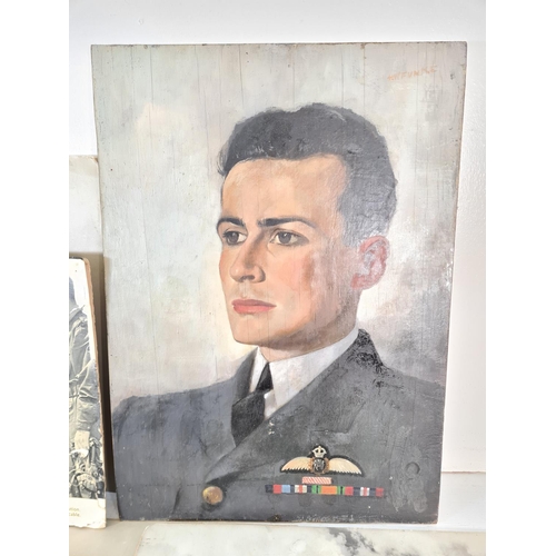 225 - A collection of various RAF related memorabilia to include oil on board portrait of an RAF pilot, si... 