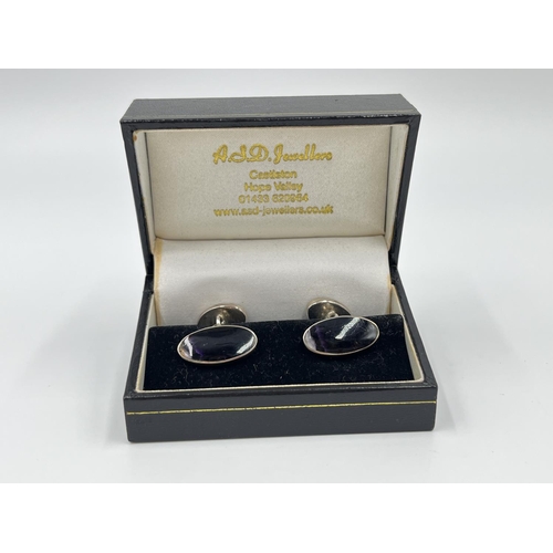 1080A - A pair of silver and Blue John cufflinks - approx. gross weight 8.18 grams