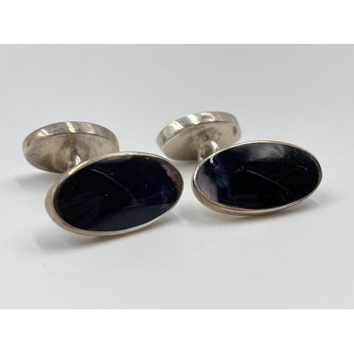 1080A - A pair of silver and Blue John cufflinks - approx. gross weight 8.18 grams