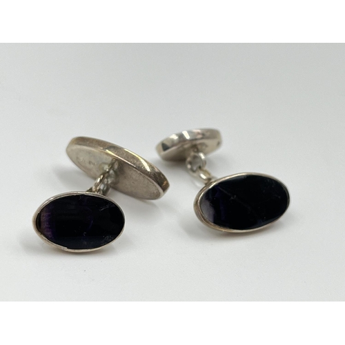 1080A - A pair of silver and Blue John cufflinks - approx. gross weight 8.18 grams