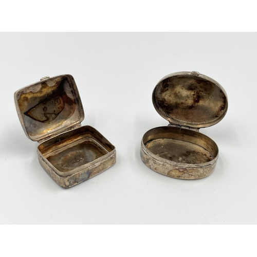 1226 - Two silver pill boxes, one oval Thai with diamond shaped marcasite top and one rectangular hallmarke... 