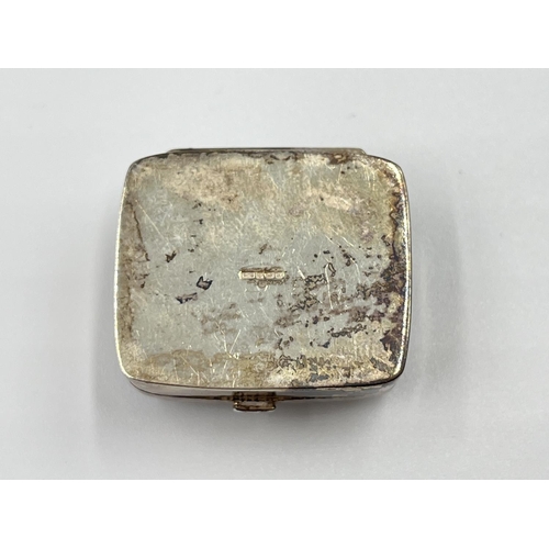 1226 - Two silver pill boxes, one oval Thai with diamond shaped marcasite top and one rectangular hallmarke... 