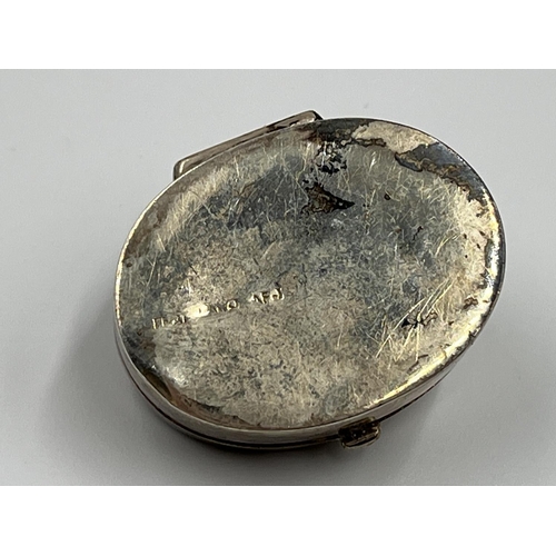 1226 - Two silver pill boxes, one oval Thai with diamond shaped marcasite top and one rectangular hallmarke... 