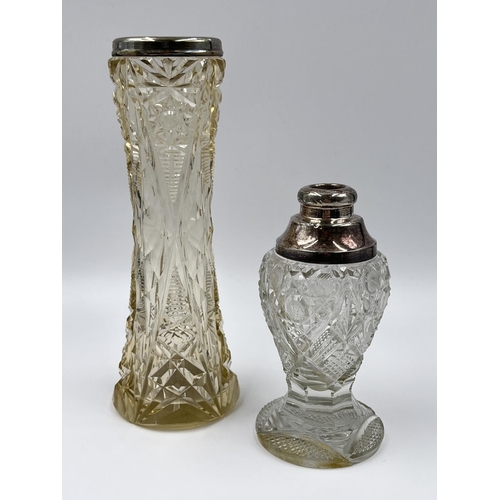 1241A - Two cut glass and hallmarked London silver topped items, one 21cm tapered vase and one 14cm perfume ... 