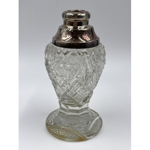 1241A - Two cut glass and hallmarked London silver topped items, one 21cm tapered vase and one 14cm perfume ... 