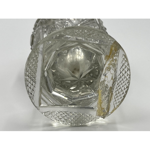 1241A - Two cut glass and hallmarked London silver topped items, one 21cm tapered vase and one 14cm perfume ... 