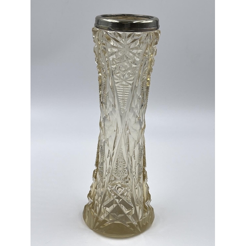 1241A - Two cut glass and hallmarked London silver topped items, one 21cm tapered vase and one 14cm perfume ... 