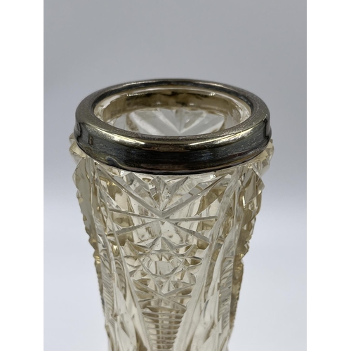 1241A - Two cut glass and hallmarked London silver topped items, one 21cm tapered vase and one 14cm perfume ... 